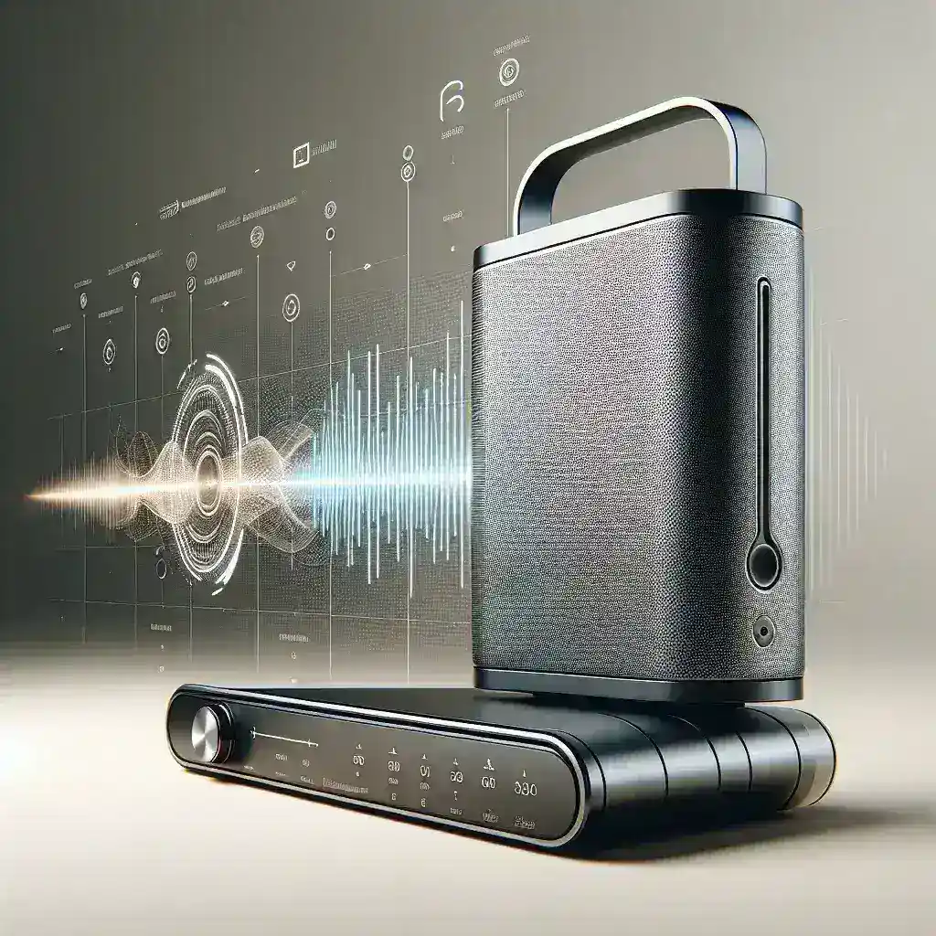 "Portátil altavoz Bose con tecnología Dolby Atmos en un entorno moderno, destacando su diseño elegante y características innovadoras para audio de alta calidad."