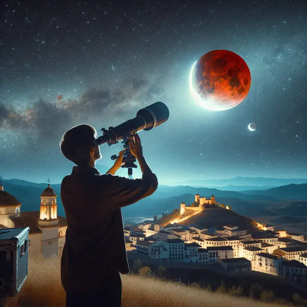 "Impresionante eclipse lunar de septiembre 2023 fotografiado en el cielo nocturno sobre España, destacando la belleza astronómica del evento, ideal para aficionados a la astronomía."